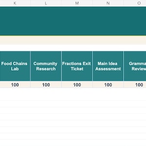 Actual gradebook with fictional student scores, assignment points, calculated averages and letter grades.