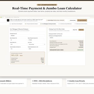 Pode incluir: Uma interface digital intitulada Real-Time Payment & Jumbo Loan Calculator com campos para pre&ccedil;o de compra, entrada, taxa de juros e termos de empr&eacute;stimo, al&eacute;m de um resumo de custos de fechamento e resultados financeiros l&iacute;quidos.