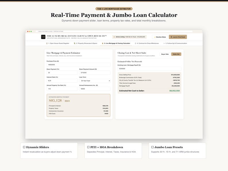 Pode incluir: Uma interface digital intitulada Real-Time Payment & Jumbo Loan Calculator com campos para pre&ccedil;o de compra, entrada, taxa de juros e termos de empr&eacute;stimo, al&eacute;m de um resumo de custos de fechamento e resultados financeiros l&iacute;quidos.