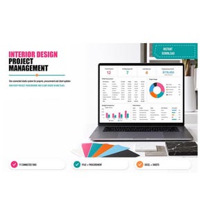 May include: A laptop displaying an interior design project management dashboard with data tables, a pie chart, and bar graphs. Text includes INTERIOR DESIGN PROJECT MANAGEMENT, 17 CONNECTED TABS, FF&E + PROCUREMENT, EXCEL + SHEETS, and INSTANT DOWNLOAD.