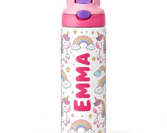 Personalized Unicorn Kids Water Bottle | Custom Name Rainbow Tumbler for Girls