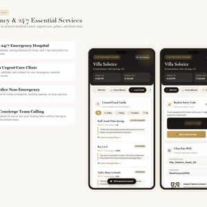 May include: A digital interface display showing two smartphone screens side-by-side with dark and light themes. The screens feature text labels like Villa Solstice, Local Guide, Keyleo Entry Code, and Ultra-Fast Wifi, alongside emergency service icons.