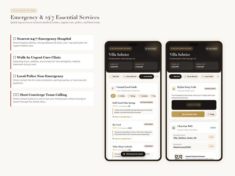 May include: A digital interface display showing two smartphone screens side-by-side with dark and light themes. The screens feature text labels like Villa Solstice, Local Guide, Keyleo Entry Code, and Ultra-Fast Wifi, alongside emergency service icons.