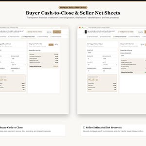 Pode incluir: Uma interface digital intitulada Buyer Cash-to-Close & Seller Net Sheets da Financial Intelligence Suite. Exibe duas janelas de navegador com estimadores de hipotecas e pagamentos, custos de fechamento e lucros l&iacute;quidos imobili&aacute;rios.