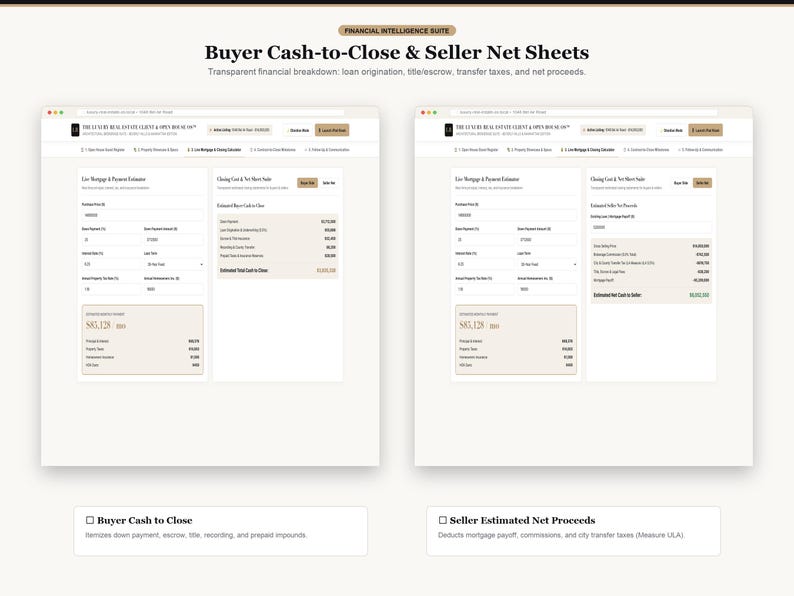 Pode incluir: Uma interface digital intitulada Buyer Cash-to-Close & Seller Net Sheets da Financial Intelligence Suite. Exibe duas janelas de navegador com estimadores de hipotecas e pagamentos, custos de fechamento e lucros l&iacute;quidos imobili&aacute;rios.
