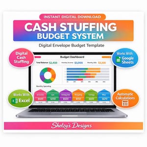 Puede incluir: Una computadora portátil muestra una plantilla de presupuesto digital con el texto "CASH STUFFING BUDGET SYSTEM." La pantalla muestra un panel de control de presupuesto con categorías de gastos y datos financieros. El texto incluye "Digital Envelope Budget Template" y "Works With Google Sheets."