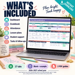 Contents of the teacher planner: two Excel workbooks, blank and fictional example, each with 17 tabs, plus two PDF guides.