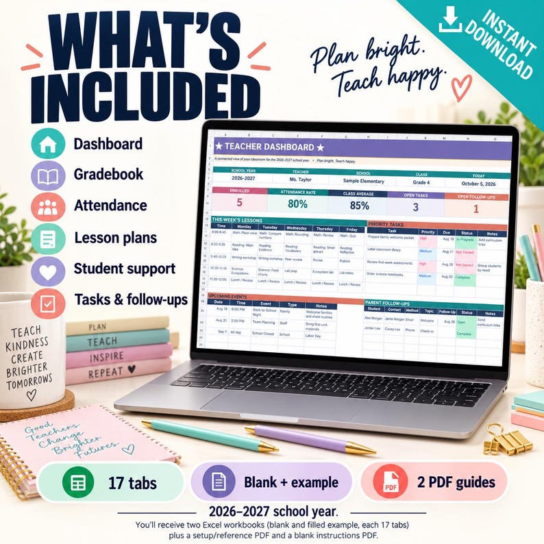 Contents of the teacher planner: two Excel workbooks, blank and fictional example, each with 17 tabs, plus two PDF guides.