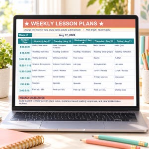 Styled laptop scene showing the actual coral and teal weekly lesson plan in the 2026–2027 Elementary Teacher Planner. Desk props are not included.