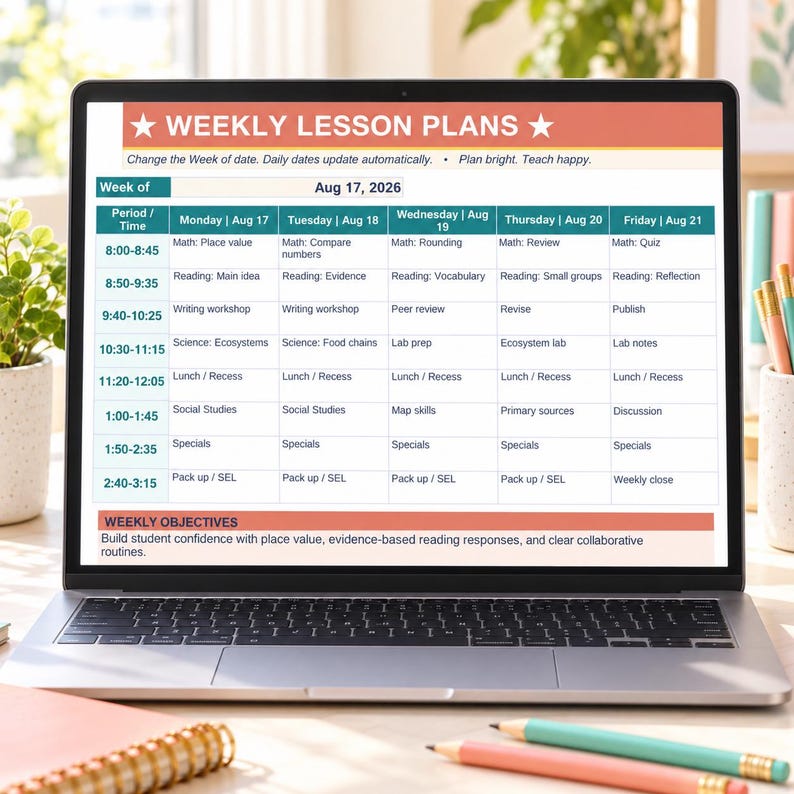 Styled laptop scene showing the actual coral and teal weekly lesson plan in the 2026–2027 Elementary Teacher Planner. Desk props are not included.