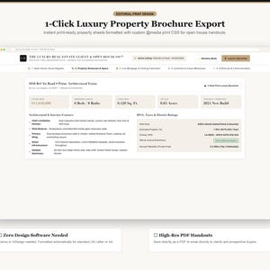 Pode incluir: Uma interface digital para exporta&ccedil;&atilde;o de brochuras de im&oacute;veis de luxo com um clique, exibindo detalhes da propriedade em 1058 Bel Air Road, incluindo 6 quartos, 8 banheiros, 9.420 p&eacute;s quadrados e constru&ccedil;&atilde;o de 2024.