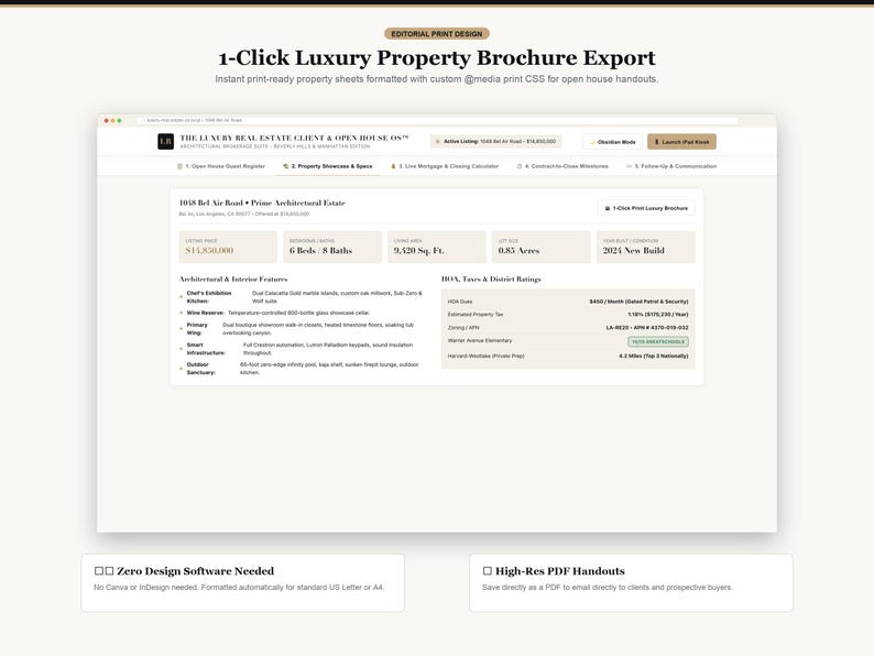 Pode incluir: Uma interface digital para exporta&ccedil;&atilde;o de brochuras de im&oacute;veis de luxo com um clique, exibindo detalhes da propriedade em 1058 Bel Air Road, incluindo 6 quartos, 8 banheiros, 9.420 p&eacute;s quadrados e constru&ccedil;&atilde;o de 2024.