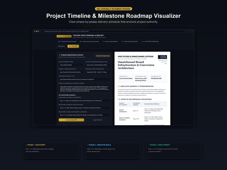 May include: A digital project timeline and milestone roadmap visualizer interface displayed on a dark background. The screen shows a proposal specification control panel, a project summary document, and a three-phase delivery schedule.