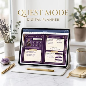 May include: A digital tablet displaying a Quest Mode digital planner with a purple and gold interface. The screen shows a character profile, quest board, and daily tasks. A gold stylus rests on the tablet stand, with a gold pen and notebook nearby.