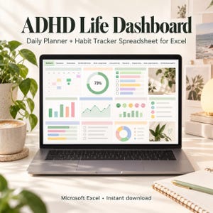 May include: A laptop screen displaying an ADHD Life Dashboard, a daily planner and habit tracker spreadsheet for Microsoft Excel. The interface features a calendar, a 73% progress circle, bar charts, line graphs, and task lists in pastel colors.