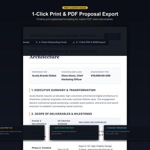 May include: A digital interface display titled 1-Click Print & PDF Proposal Export, showing a business proposal document for Acuity Brands Global with an engagement fee of $19,900.00 USD, featuring sections for executive summary and project deliverables.