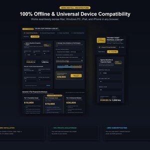 May include: A dark-themed software interface display featuring the High-Ticket Proposal & SOW OS. The layout includes a dynamic 3-tier proposal architecture, pricing calculators, and capacity engines with yellow accents on a black background.
