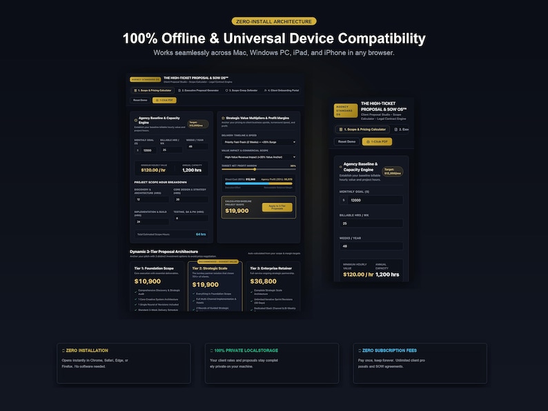 May include: A dark-themed software interface display featuring the High-Ticket Proposal & SOW OS. The layout includes a dynamic 3-tier proposal architecture, pricing calculators, and capacity engines with yellow accents on a black background.