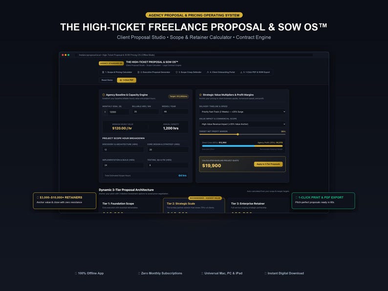 May include: A digital software interface titled The High-Ticket Freelance Proposal & SOW OS featuring dark mode design with yellow accents. The dashboard displays modules for Agency Baseline & Capacity Engine, Strategic Value Multipliers, and a Dynamic 3-Tier Proposal Architecture with fields for hourly rates, project scope, and profit margins.