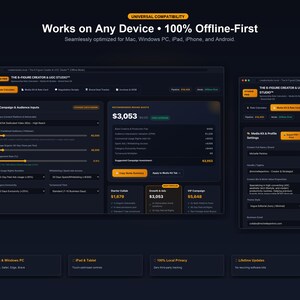 May include: A dark-themed software interface titled The 6-Figure Creator & UGC Studio, displaying campaign input fields, audience metrics, and a recommended brand quote of $3,053. The layout includes a sidebar for media kit and profile settings.