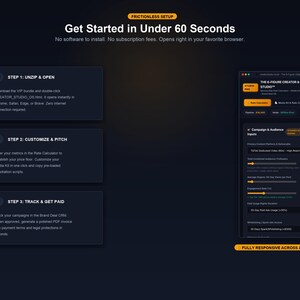 May include: A dark interface displaying a three-step setup guide titled Get Started in Under 60 Seconds. It features text boxes for Step 1: Unzip & Open, Step 2: Customize & Pitch, and Step 3: Track & Get Paid, alongside a digital dashboard preview.