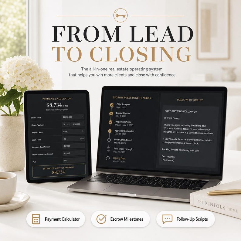 Pode incluir: Um sistema operacional imobili&aacute;rio digital exibido em um tablet e na tela de um laptop. A interface inclui uma calculadora de pagamentos, rastreador de marcos de cust&oacute;dia e script de acompanhamento. O texto diz FROM LEAD TO CLOSING e inclui &iacute;cones.