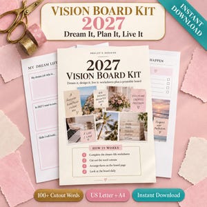 Peut inclure: Un kit de tableau de visualisation 2027 comprenant des feuilles de travail imprimables et une page de tableau. Le kit inclut des découpes de texte, des objectifs et des instructions. Des ciseaux dorés et du ruban adhésif décoratif.