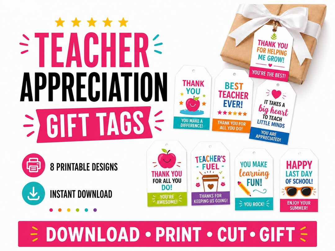 Teacher Appreciation Gift Tags Printable | Thank You Gift Set ...