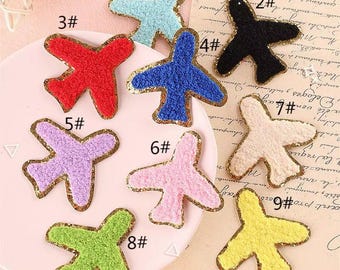 2 Color Airplane Chenille Patch Pair, Red Purple Gold Glitter Self Adhesive Plane Patches