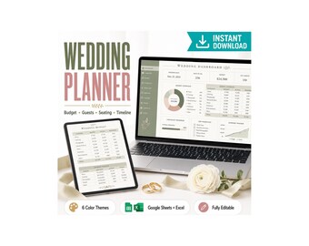 Wedding Planning Spreadsheet | Google Sheets & Excel Budget, Guest List, Seating Chart, Timeline | All 6 Colors | Instant Download