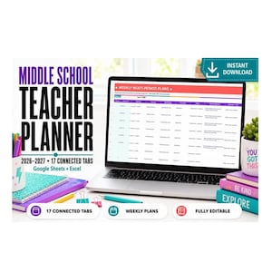 May include: A laptop displaying a digital Middle School Teacher Planner for 2026-2027, compatible with Google Sheets and Excel. The screen shows a weekly multi-period plan grid. Text includes "Middle School Teacher Planner" and "Instant Download."