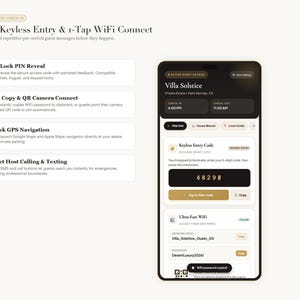 May include: A smartphone screen displaying a guest check-in interface for Villa Solstice. The app features include Smart Lock PIN reveal, 1-Click Copy and QR Camera Connect for WiFi, 1-Click GPS navigation, and direct host calling and texting options.