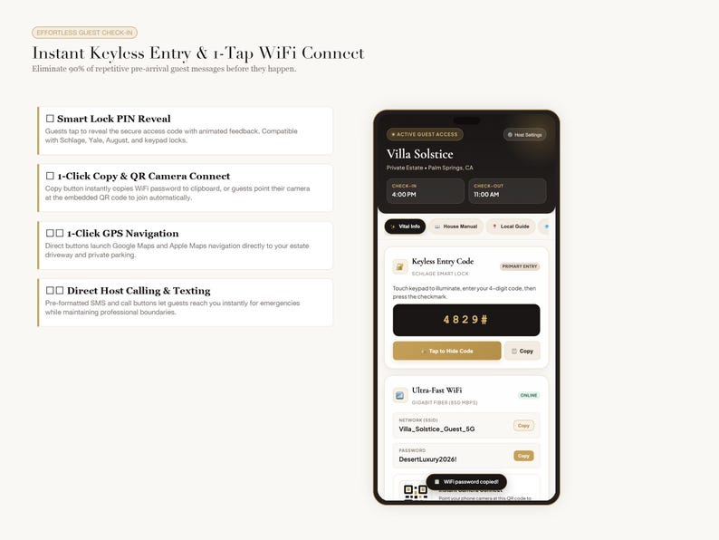 May include: A smartphone screen displaying a guest check-in interface for Villa Solstice. The app features include Smart Lock PIN reveal, 1-Click Copy and QR Camera Connect for WiFi, 1-Click GPS navigation, and direct host calling and texting options.