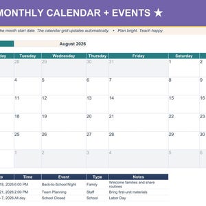 Actual school calendar planning tab from the teacher workbook.