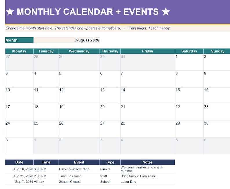 Actual school calendar planning tab from the teacher workbook.