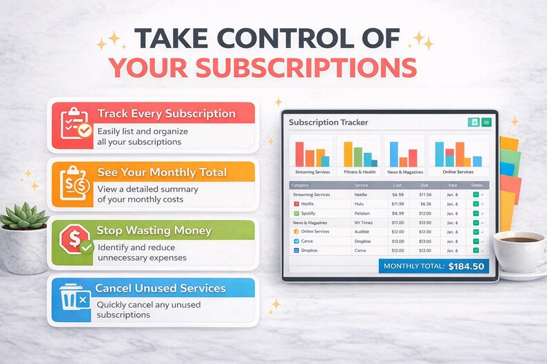 Puede incluir: Imagen que promueve la gesti&oacute;n de suscripciones. El texto dice "TAKE CONTROL OF YOUR SUBSCRIPTIONS." Incluye seguimiento, totales mensuales, reducci&oacute;n de gastos y cancelaci&oacute;n. Un rastreador digital muestra los detalles de la suscripci&oacute;n y una taza de caf&eacute;.