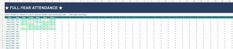 Actual weekday attendance sheet with student columns and attendance codes.