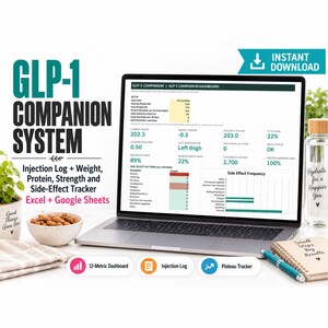 May include: A laptop displaying a GLP-1 Companion System dashboard for tracking weight, protein, strength, and side effects in Excel and Google Sheets. The screen shows data tables, charts, and metrics. Text includes GLP-1 COMPANION SYSTEM.