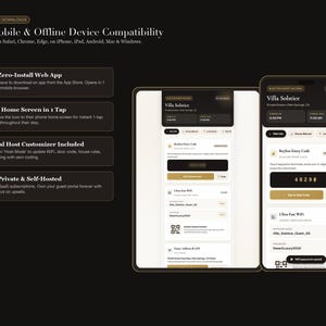 May include: A digital interface display for Villa Solstice showing a guest portal on a tablet and smartphone. The screen features check-in and check-out times, keyless entry codes, Wi-Fi credentials, and house information with a dark theme.