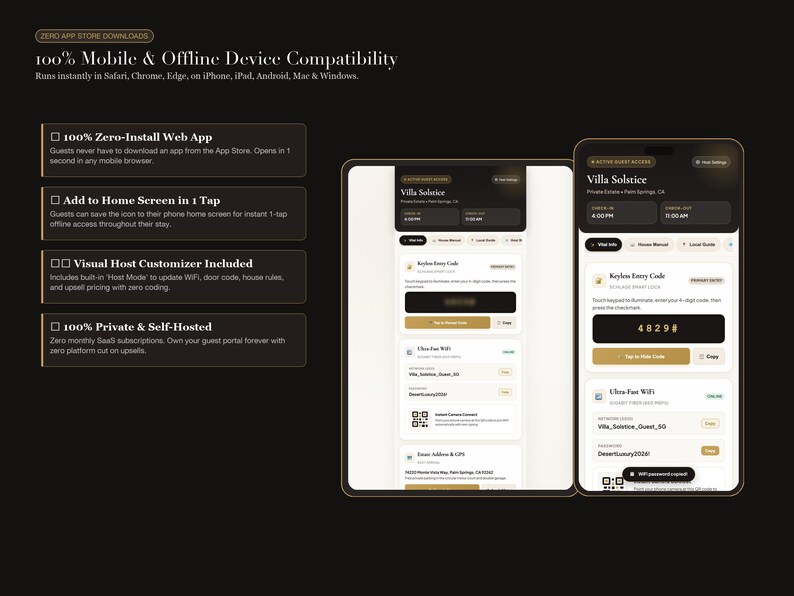 May include: A digital interface display for Villa Solstice showing a guest portal on a tablet and smartphone. The screen features check-in and check-out times, keyless entry codes, Wi-Fi credentials, and house information with a dark theme.