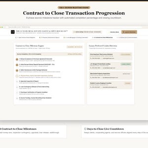 Pode incluir: Uma interface digital intitulada Contract to Close Transaction Progression exibindo um rastreador de marcos de cust&oacute;dia de 8 fases. O painel inclui um diret&oacute;rio de fornecedores preferenciais, percentagens de conclus&atilde;o e uma contagem decrescente.