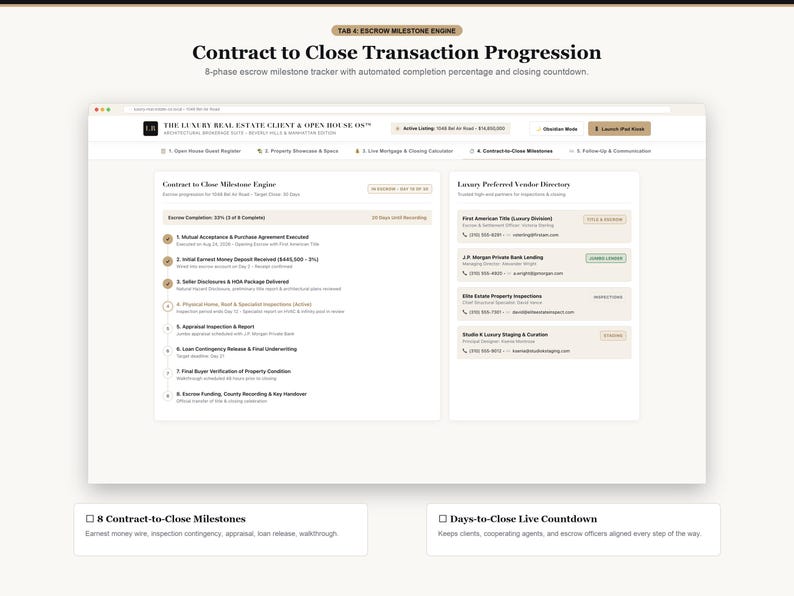 Pode incluir: Uma interface digital intitulada Contract to Close Transaction Progression exibindo um rastreador de marcos de cust&oacute;dia de 8 fases. O painel inclui um diret&oacute;rio de fornecedores preferenciais, percentagens de conclus&atilde;o e uma contagem decrescente.