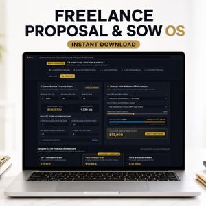 May include: A laptop screen displaying the Freelance Proposal & SOW OS software interface with a dark theme, yellow accents, and various project management fields including Agency Baseline, Capacity Engine, and a Dynamic 3-Tier Proposal Architecture.