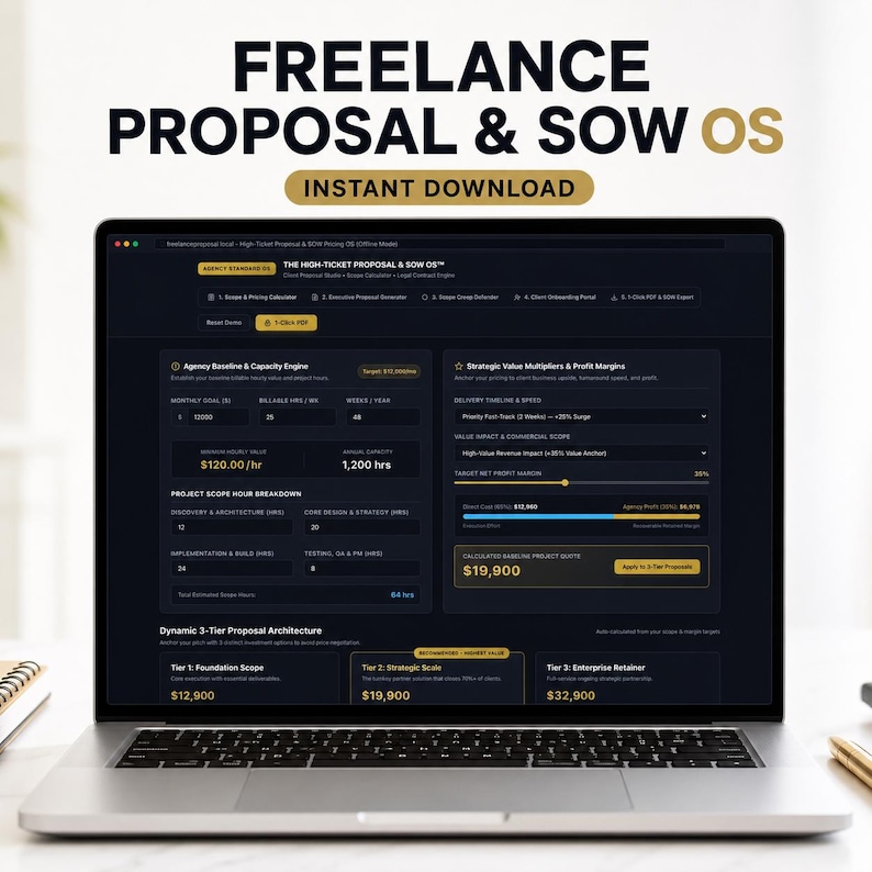 May include: A laptop screen displaying the Freelance Proposal & SOW OS software interface with a dark theme, yellow accents, and various project management fields including Agency Baseline, Capacity Engine, and a Dynamic 3-Tier Proposal Architecture.