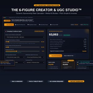 May include: A digital interface titled The 6-Figure Creator & UGC Studio featuring a dynamic sponsorship rate calculator, media kit builder, and pitch scripts. The dark-themed dashboard displays campaign inputs, audience metrics, and a quote of $3,053.