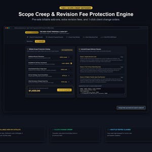 May include: A digital interface titled Scope Creep & Revision Fee Protection Engine featuring a dark theme. The dashboard displays a billable scope protection catalog, ironclad scope defense clauses, and a total amount of $1,450.00 for change orders.