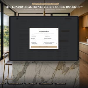 Pode incluir: Uma interface digital intitulada The Luxury Real Estate Client & Open House OS com um formul&aacute;rio para 1058 Bel Air Road. A tela exibe campos para nome, e-mail, telefone e prazo de compra sobre um fundo de cozinha de m&aacute;rmore.