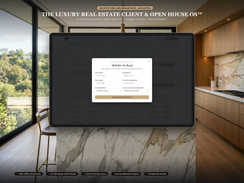 Pode incluir: Uma interface digital intitulada The Luxury Real Estate Client & Open House OS com um formul&aacute;rio para 1058 Bel Air Road. A tela exibe campos para nome, e-mail, telefone e prazo de compra sobre um fundo de cozinha de m&aacute;rmore.