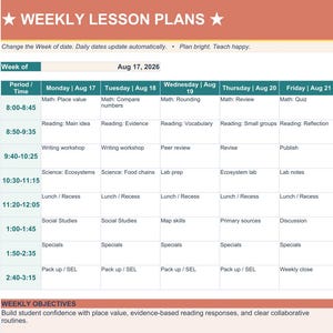 Actual weekly lesson plan with weekday columns, class periods and weekly objectives.