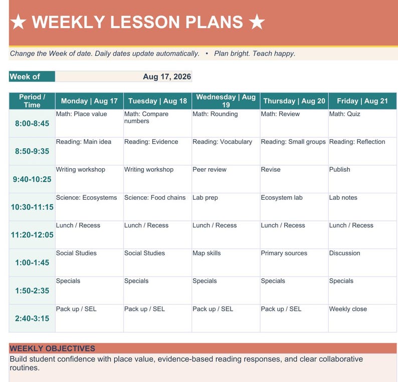 Actual weekly lesson plan with weekday columns, class periods and weekly objectives.